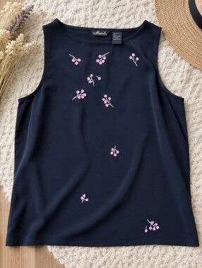 🩷Vintage 80s Mureli Collection 100% Silk Embroidered Floral Tank Top Small